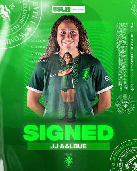Photo shared by Lexington Sporting Club on July 03, 2024 tagging @jaalbue, and @uslsuperleague. May be an image of 1 person, playing soccer, banner, poster, stadium and text.