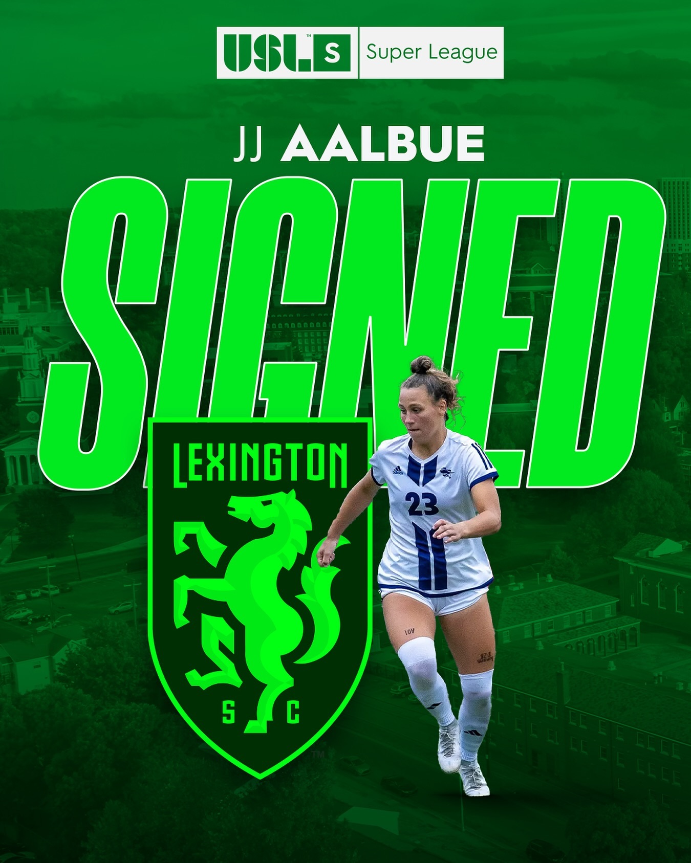 Photo shared by Lexington Sporting Club on July 03, 2024 tagging @jaalbue, and @uslsuperleague. May be an image of 1 person, playing soccer, banner, poster, stadium and text.